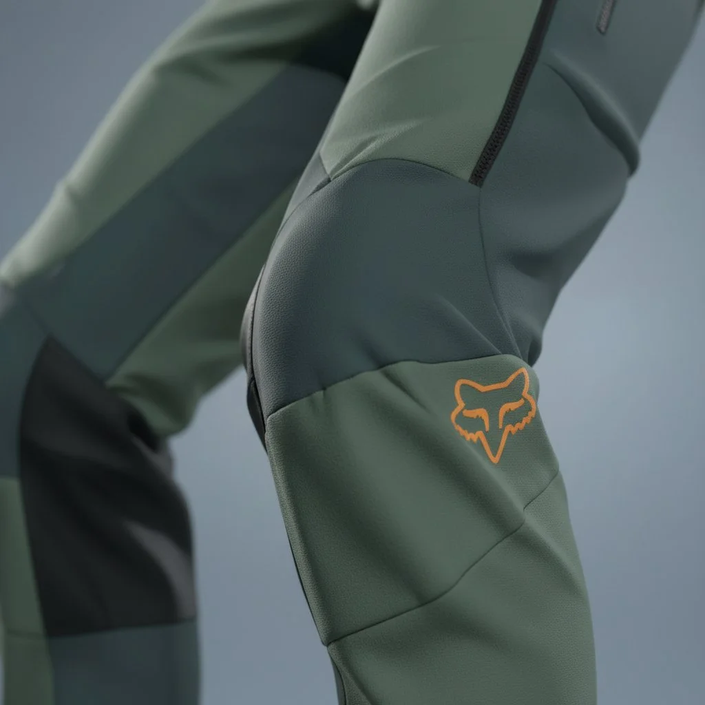3D render of close-up of gray and green protective pants with black trim and orange fox logo.