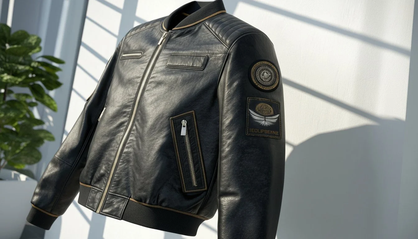 CLO3D render of a black leather bomber jacket displayed indoors with shadows and a green plant in the background in 3D.