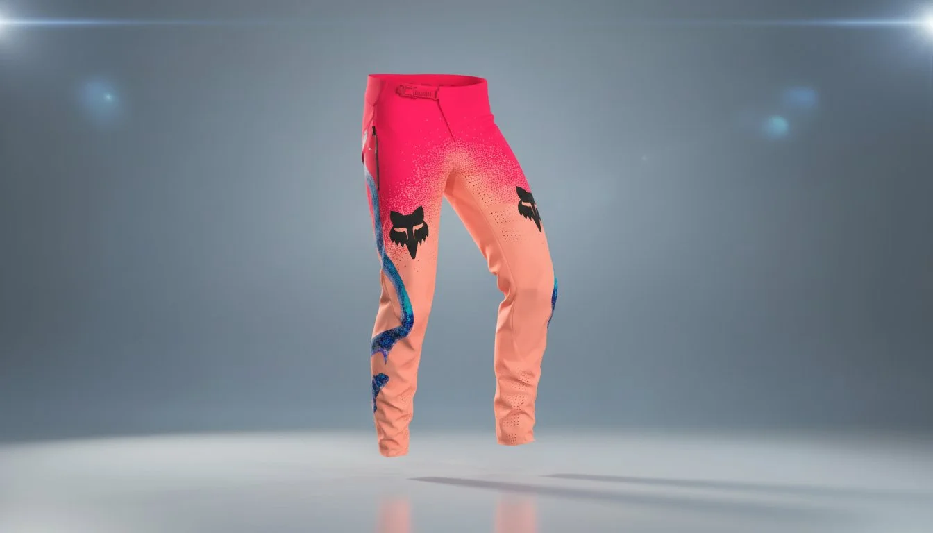 CLO3D render of pink and blue motocross pants with black fox logo, floating against a neutral background.