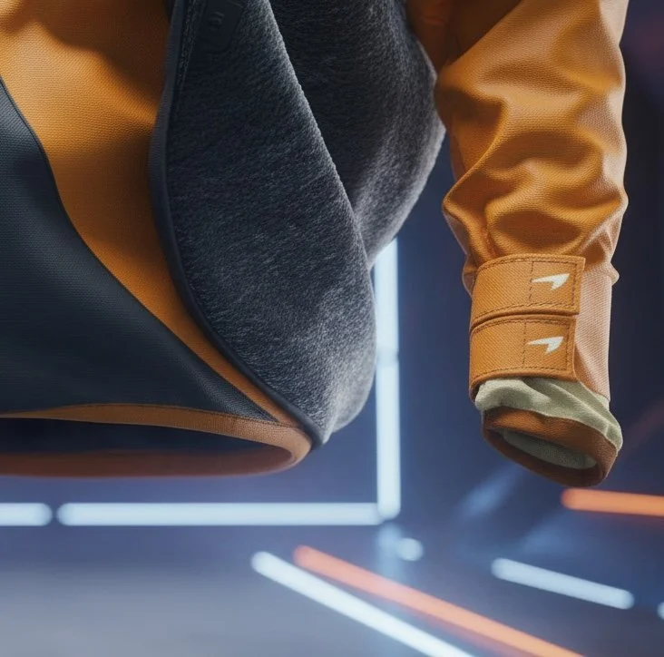 CLO3D render of an orange McLaren-inspired jacket concept with fur vest designed as fan art for Lando Norris.