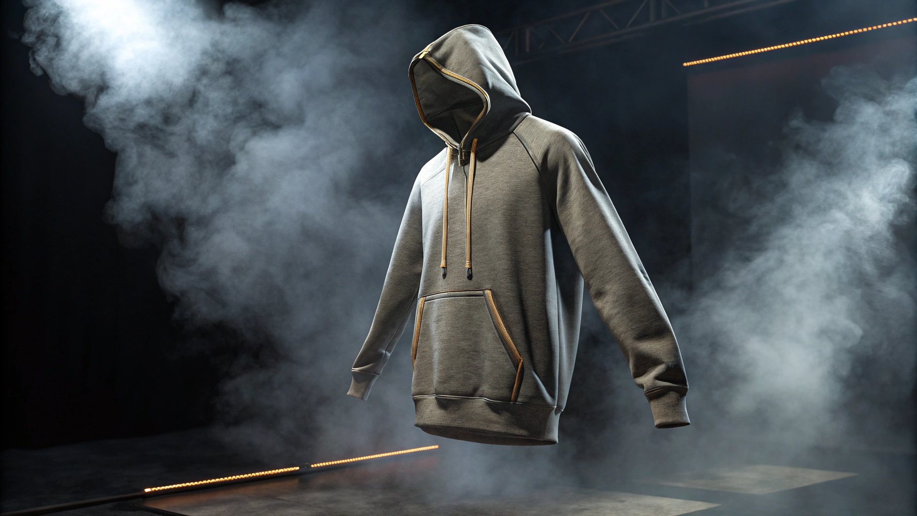 CLO3D render of gray hoodie with gold accents floating in a smoky dark background in 3D.