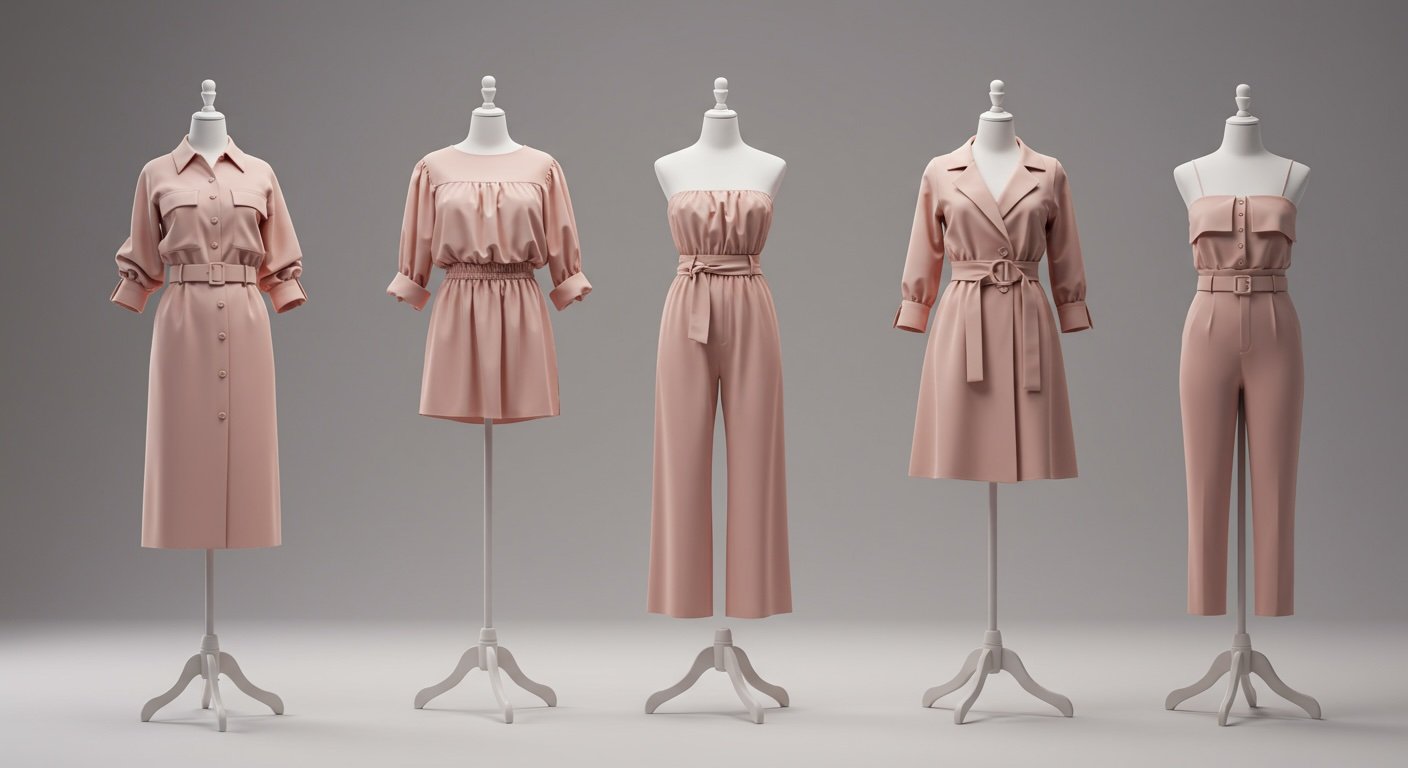 3D-rendered fashion collection on elegant mannequins in a modern studio