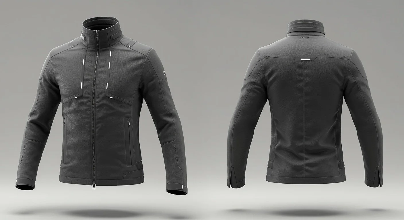 A sleek, modern jacket with a futuristic design, featuring sharp tailoring, textured fabric, and subtle reflective accents. 3D-rendered with realistic lighting highlighting seams, zippers, and material details.