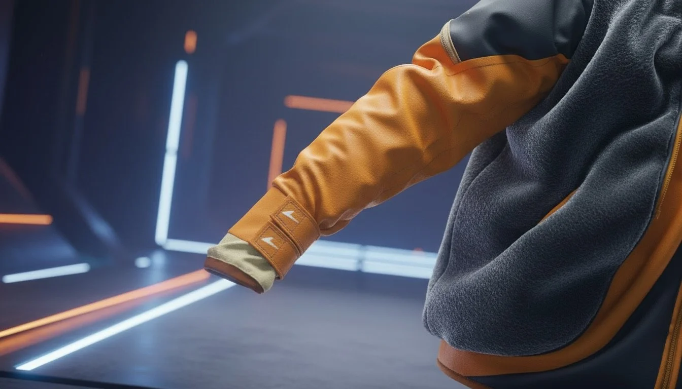 CLO3D render of an orange McLaren-inspired jacket concept with fur vest designed as fan art for Lando Norris.