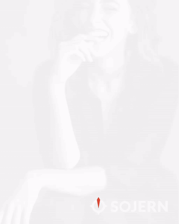 Woman laughing with hand near mouth, sitting posture, wearing dark top, light image filter. Sojern logo at bottom right.