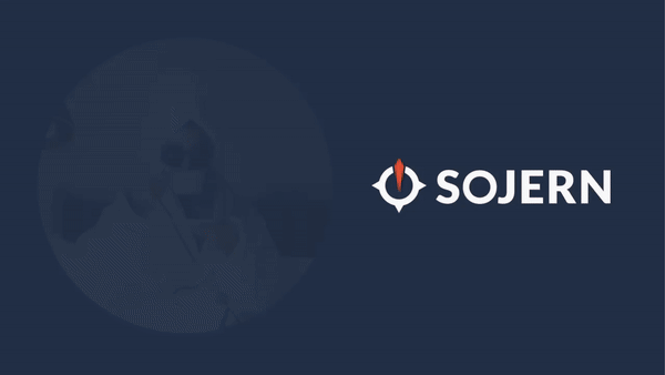 Animated image with the Sojern logo and a doctor adjusting a mask, portrayed with a circular transparent overlay on a dark blue background.