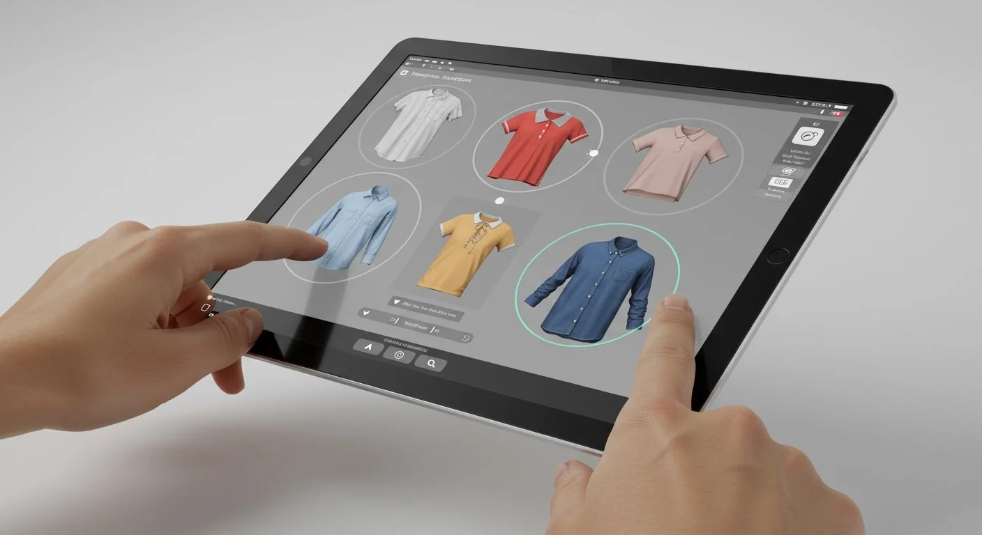 E-commerce 3D clothing render with interactive user interface on tablet