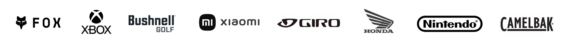 Logos of various brands including Fox, Xbox, Bushnell Golf, Xiaomi, Giro, Honda, Nintendo, and Camelbak.
