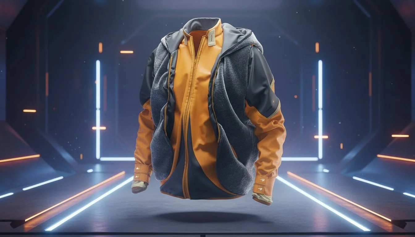 CLO3D render of an orange McLaren-inspired jacket concept with fur vest designed as fan art for Lando Norris.