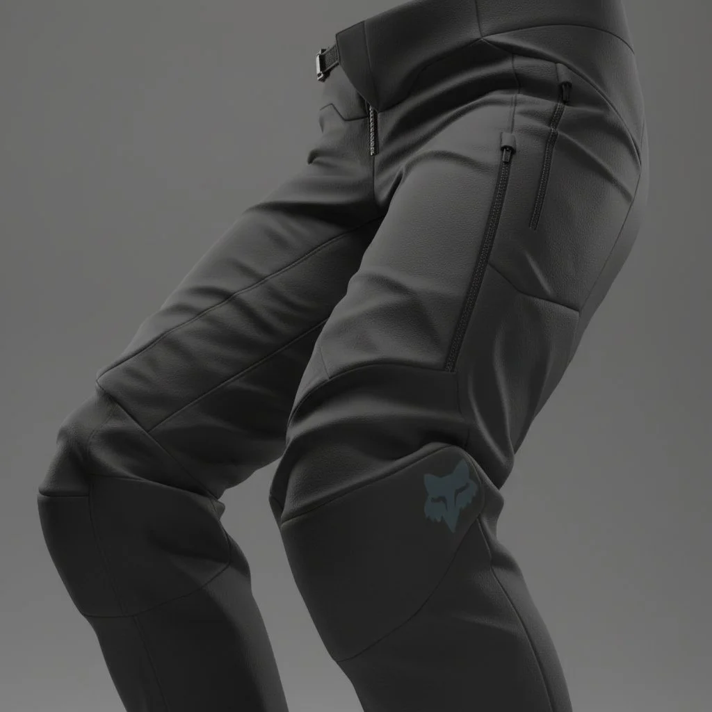 CLO3D render close-up of black motorcycle riding pants with zipper pockets and a Fox Racing logo on the thigh.