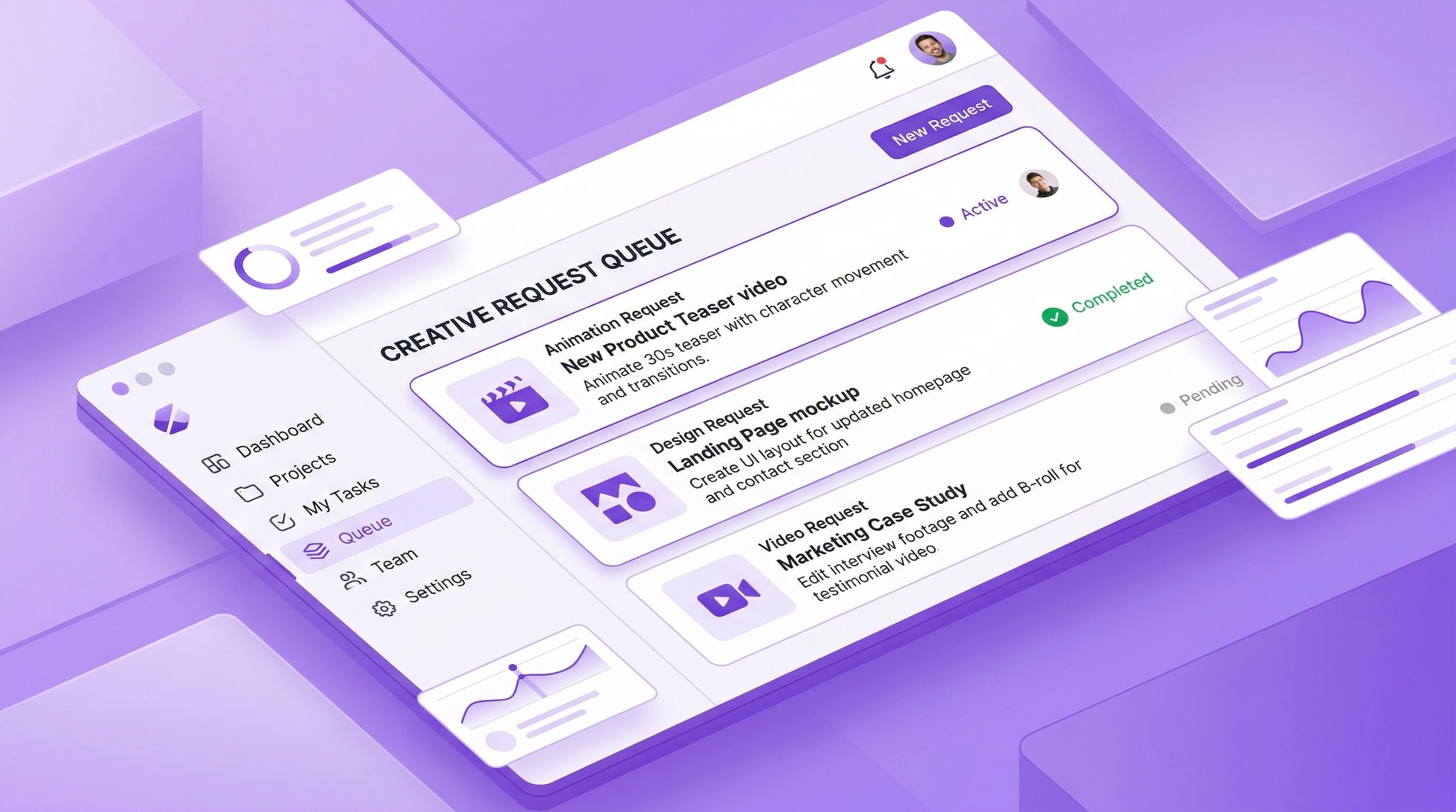 An isometric illustration of a creative subscription dashboard showing organized queues for animation, graphic design, and video editing requests.