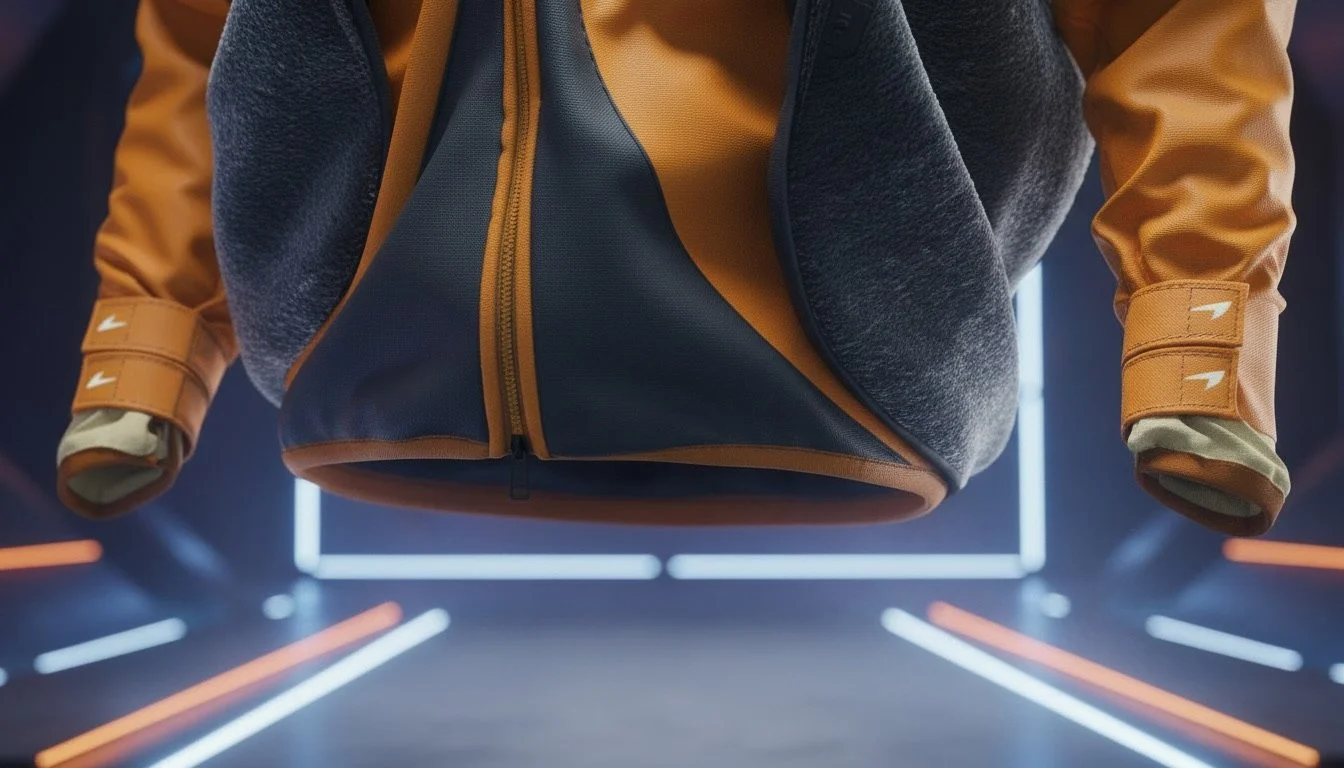 CLO3D render of an orange McLaren-inspired jacket concept with fur vest designed as fan art for Lando Norris.