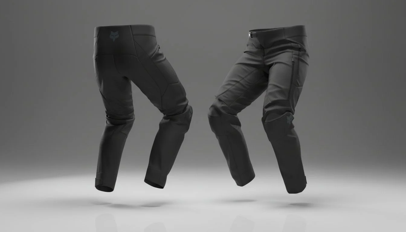 CLO3D render of two pairs of black outdoor or tactical pants floating against a gray background in 3D.