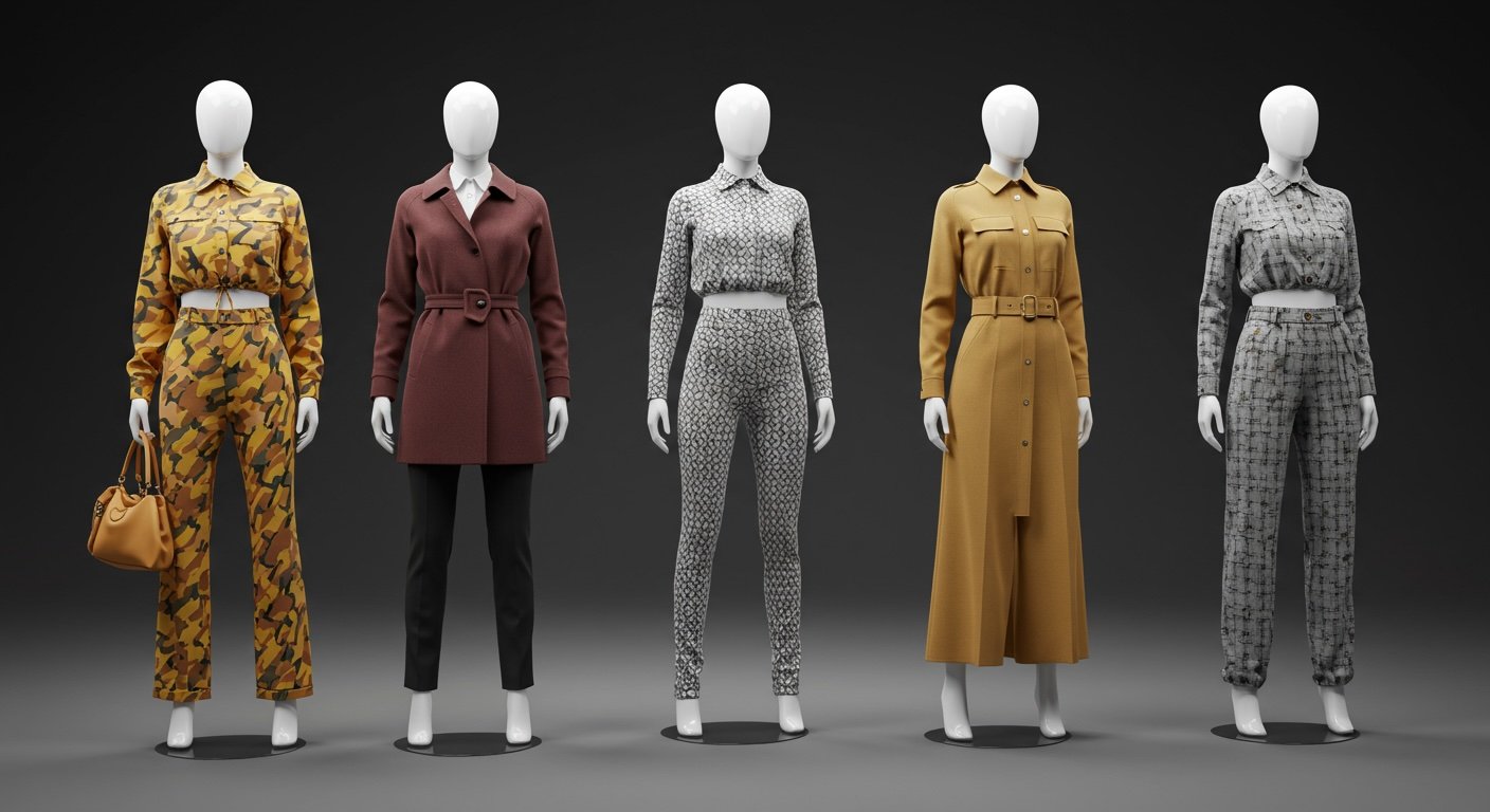 High-fashion clothing collection displayed as 3D digital renders on sleek mannequins in a modern studio..