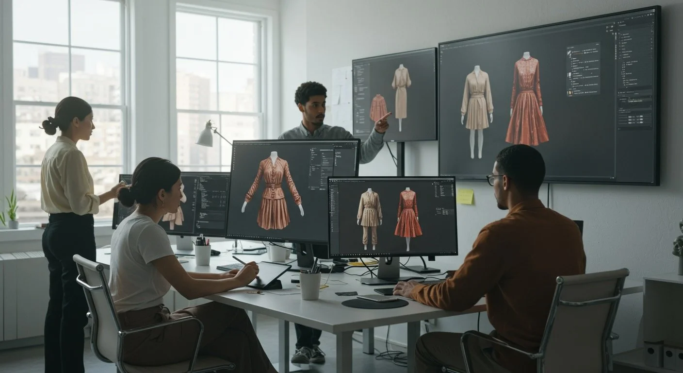 Fashion team collaborating remotely using 3D clothing renders