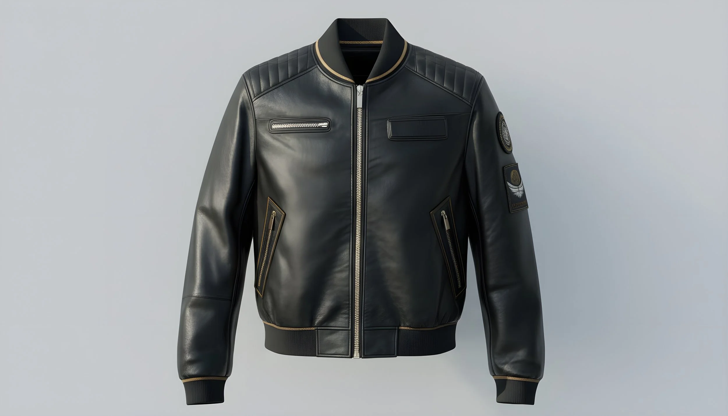 CLO3D Black leather bomber jacket 3D render with gold accents, zippers, patches, and ribbed cuffs and collar.