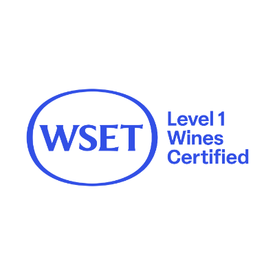 Logo con testo 'WSET Level 1 Wines Certified' e cerchio blu.