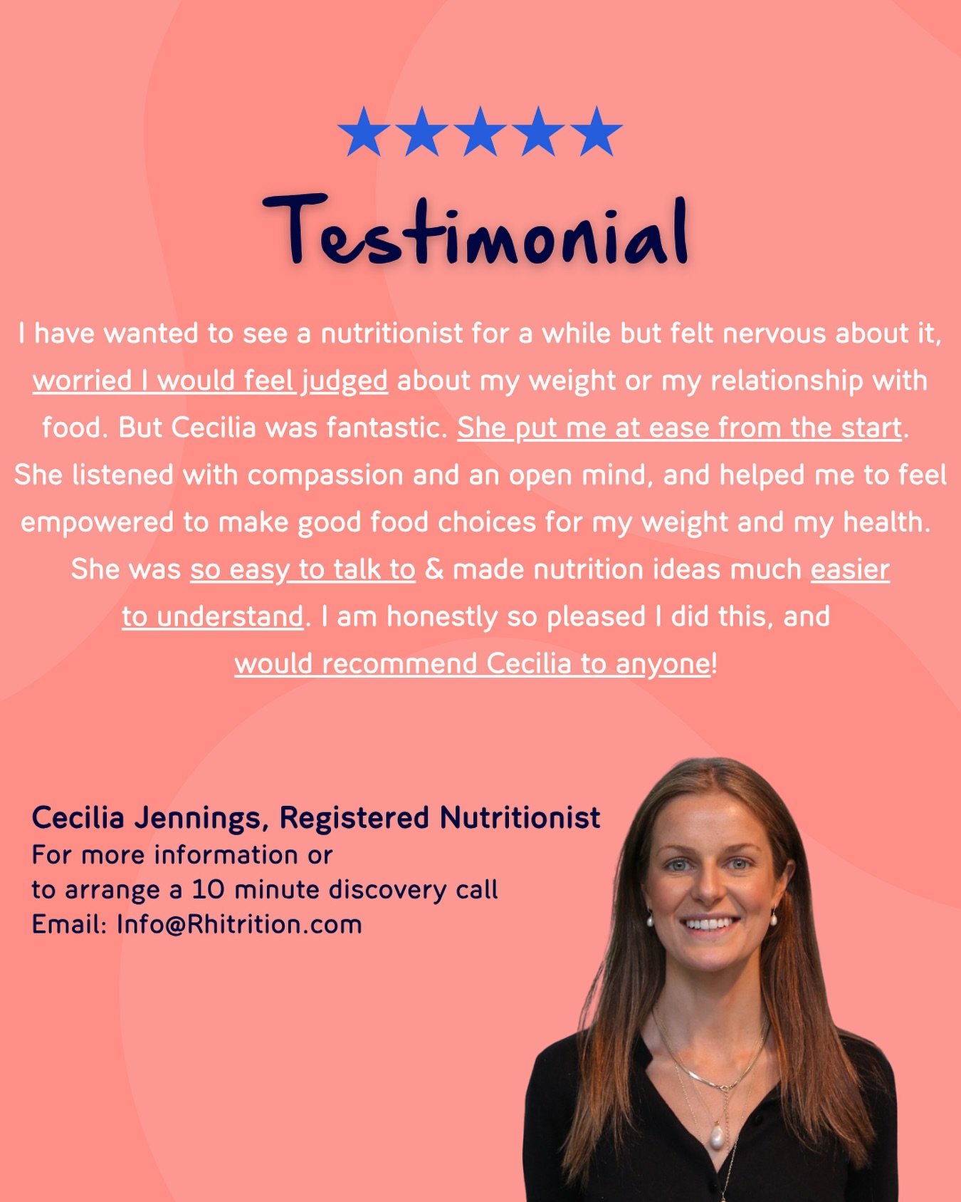 We love hearing your feedback! 💬✨
One of our lovely clients had this to say about Registered Nutritionist Cecilia Jennings 💛

If you&rsquo;d like to book in with the Rhitrition Clinic, or specifically with Cecilia, please email info@rhitrition.com 
