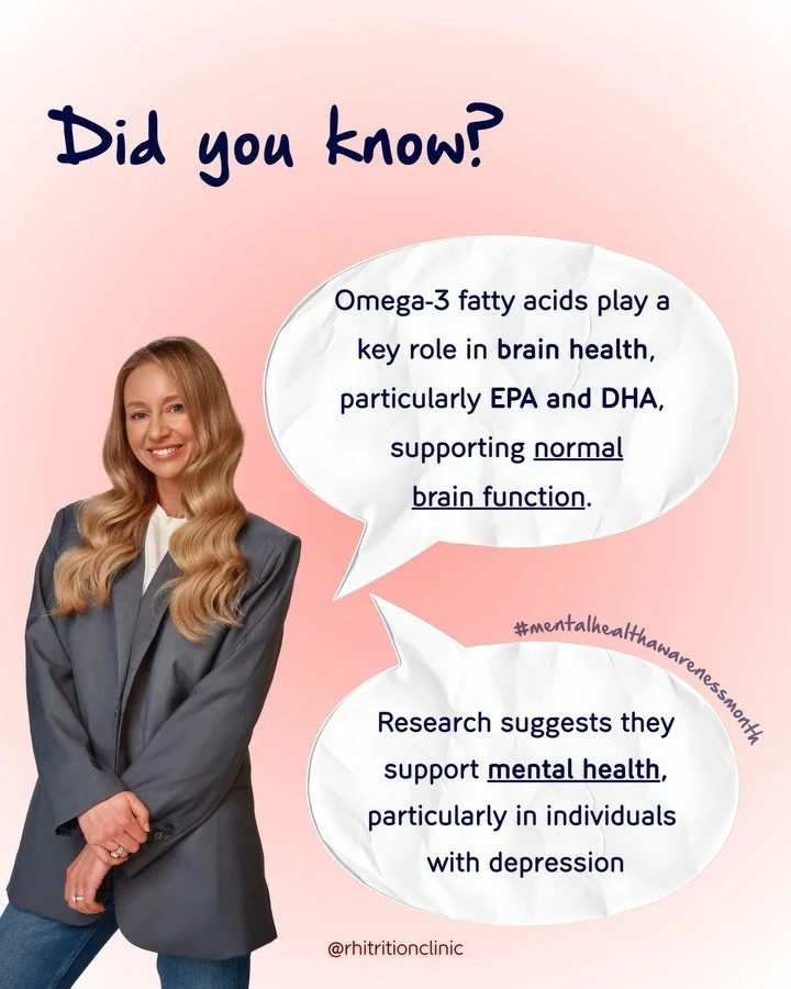 Mental Health Awareness Month 🤍 Nutrition + the brain

Omega-3 polyunsaturated fatty acids (PUFAs), particularly EPA (eicosapentaenoic acid) and DHA (docosahexaenoic acid), play an important role in brain structure and function. DHA is a key compone