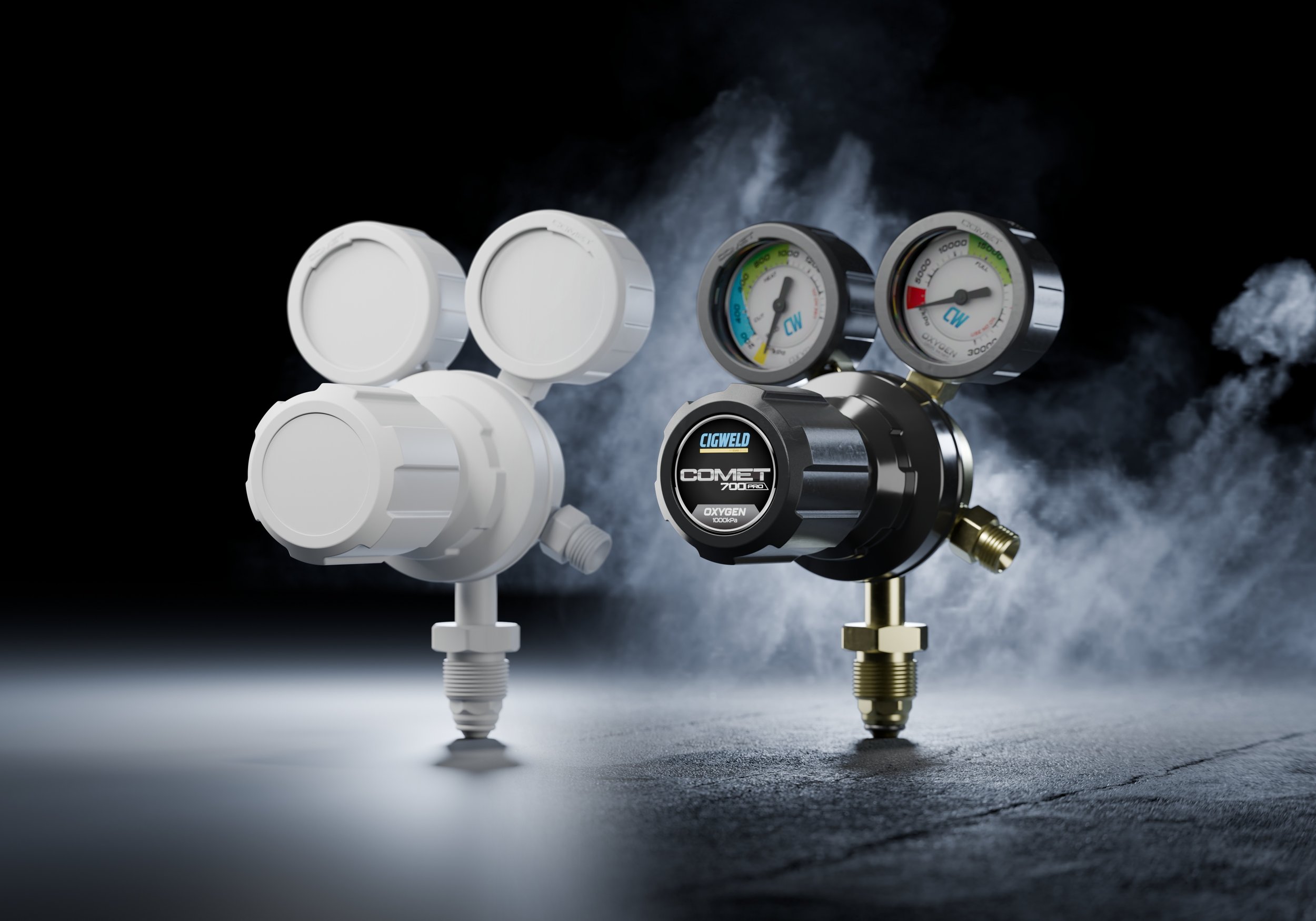 Two oxygen regulators, one black and branded Cigweld Comet 700 Pro and one white, are shown against a dark background with smoke or vapor in the air.