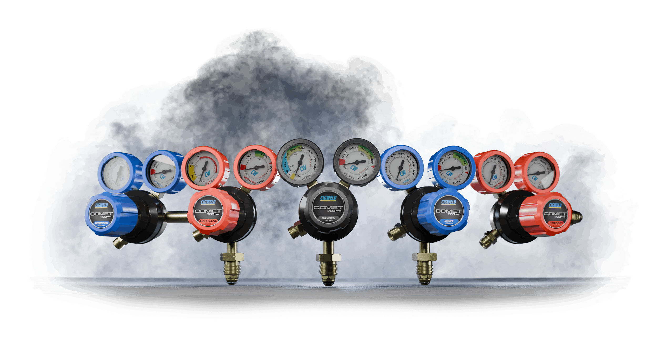 Collection of Welding gas regulators in red, blue, and black colors with a cloud of white smoke or vapor in the background.