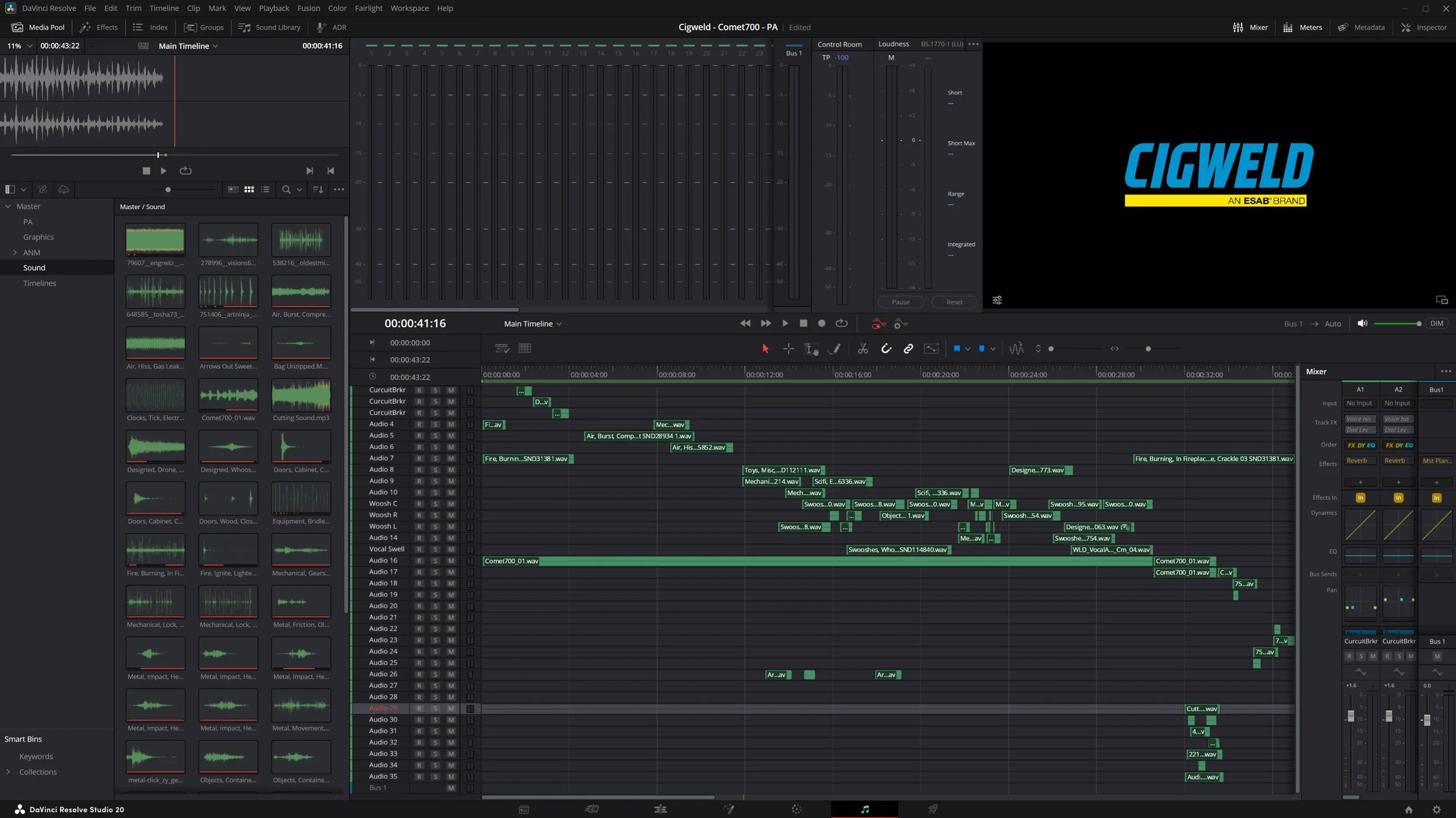 Screenshot of DaVinci Resolve Studio 20 video editing software with multiple audio tracks, waveforms, and a logo on a black background that reads 'CIGWELD' in blue letters and 'An ESAB Brand' in yellow.