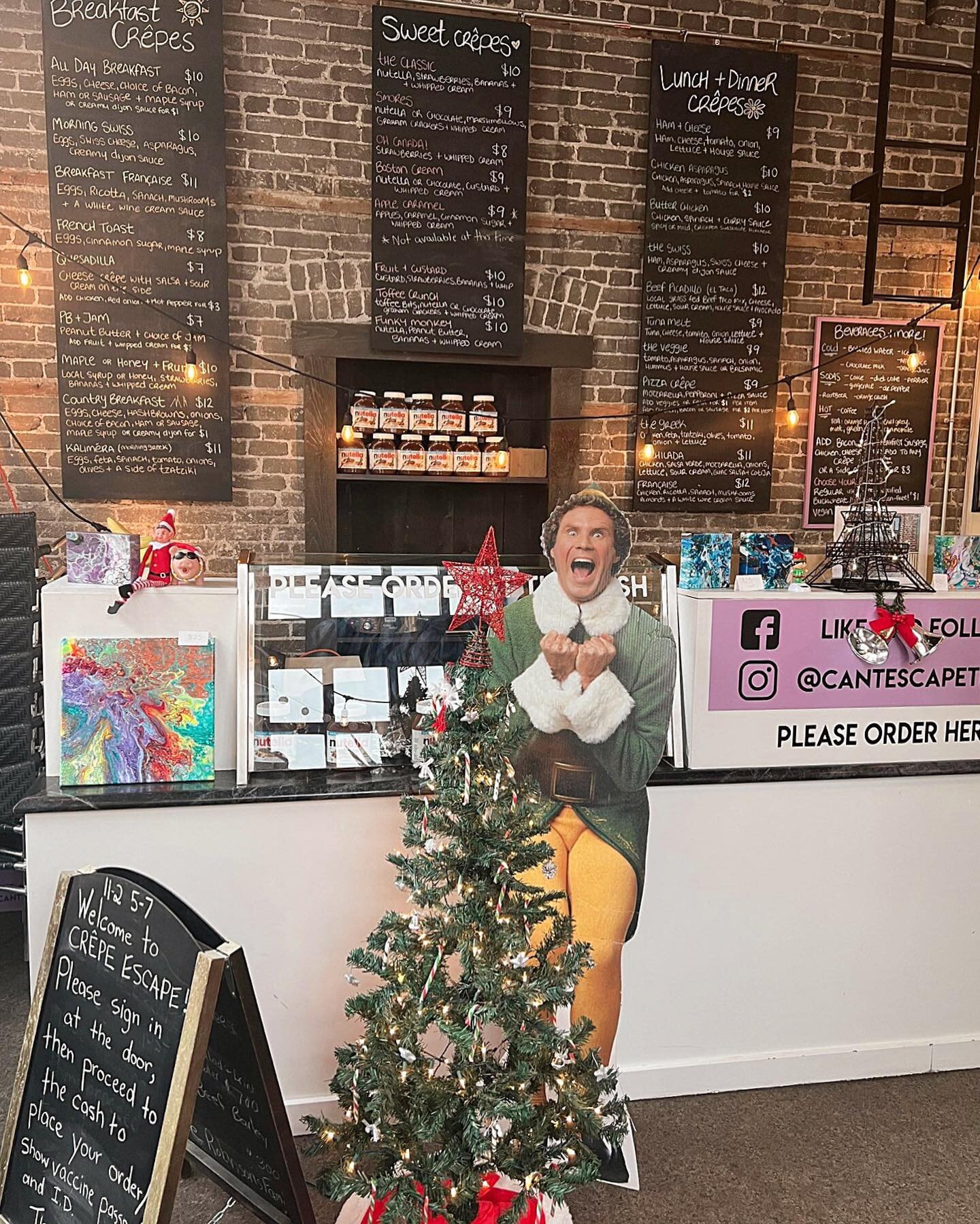 Great news everyone 😄

Cr&ecirc;pe Escape will be opening for dinners starting this Saturday, December 2! 

Our new hours (starting Saturday) are as follows:
WED to FRI 11AM to 2PM - 5PM to 7PM
SAT to SUN 9AM to 2PM - 5PM to 7PM

Buddy the Elf can&r