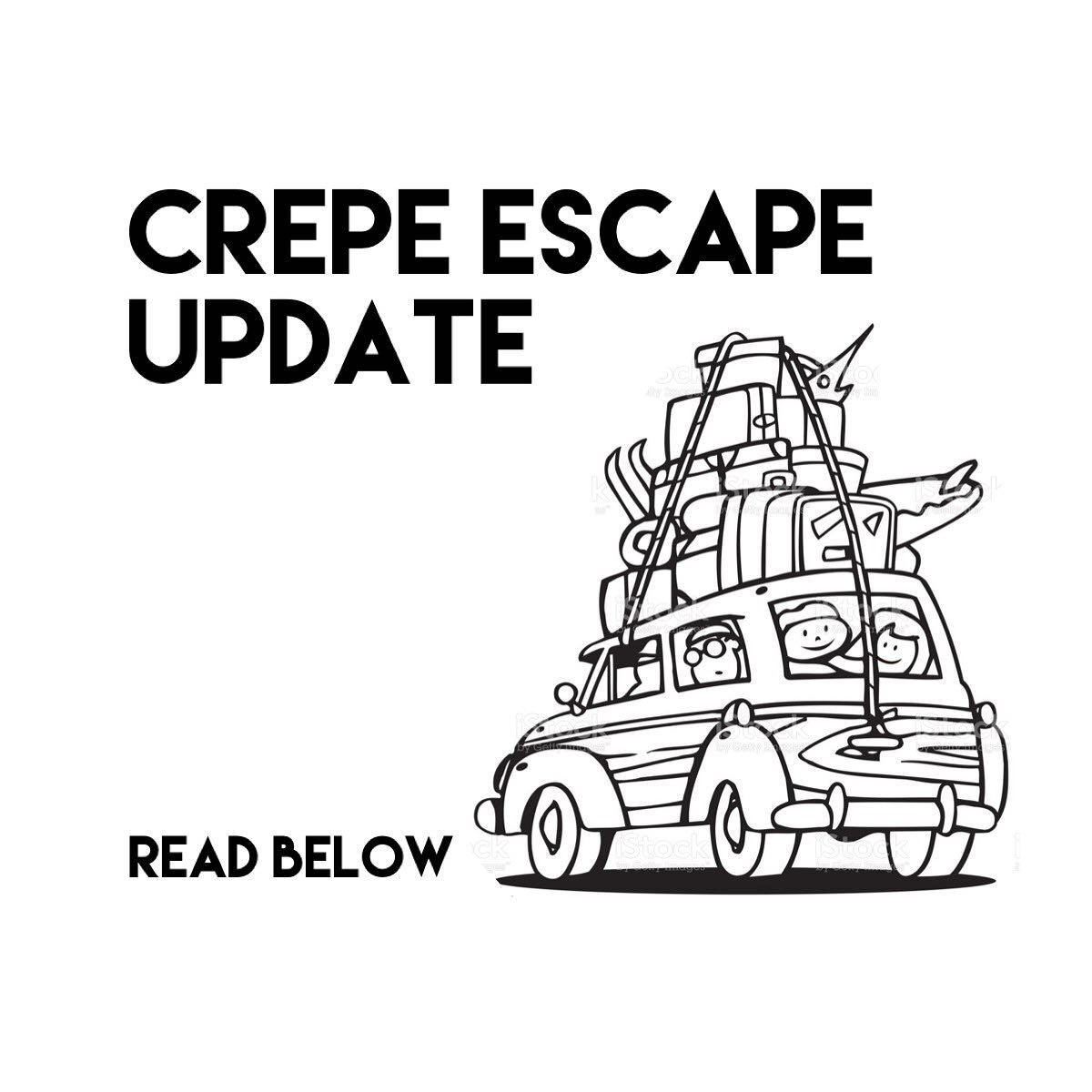 Hey Cr&ecirc;pe Lovers 😄🎉

Our family is taking a long awaited vacation starting today (October 4th) and ending on Friday (October 8th). 

We will be open this Saturday and Sunday from 9AM until 3PM, and closed again Monday and Tuesday. We will be 