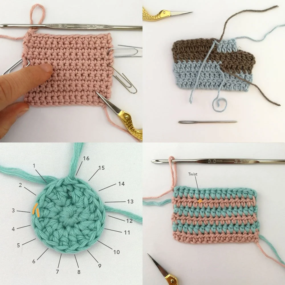A grid of four images 2 x 2 with different crochet pieces in varying pastel colours on a white background.