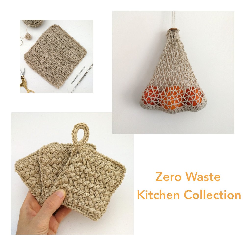 A small photo of the dishcloth and larger photos of the sponge and the produce bag are arranged around the top left corner. In the bottom right is orange text which says Zero Waste Kitchen Collection.