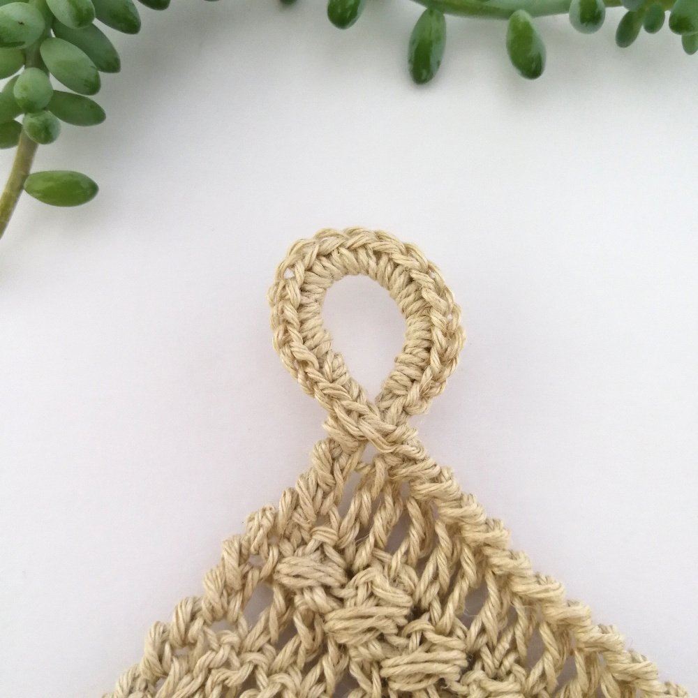 A close up of the hanging loop. The photo is of just the top left corner of the dishcloth with the hanging loop pointing towards the top of the photo. There is a green succulent in the top left.