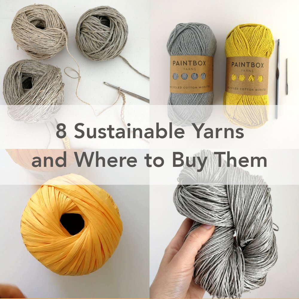 A grid of four photos showing different sustainable yarns. They are all grey or yellow in colour on an off white background. Some are balls and some are skeins.