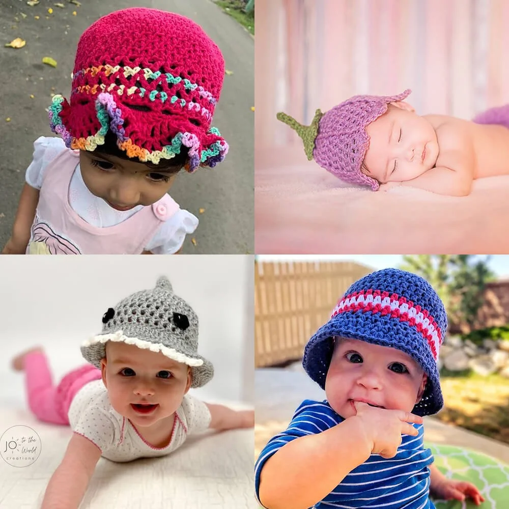 A 2x2 grid showing four photos of infants wearing crocheted summer hats. From top left to bottom right, a pink hat with ruffled mutli-coloured brim, a rose tulip hat, a grey shark hat and a blue bucket hat with a red and white stripe.