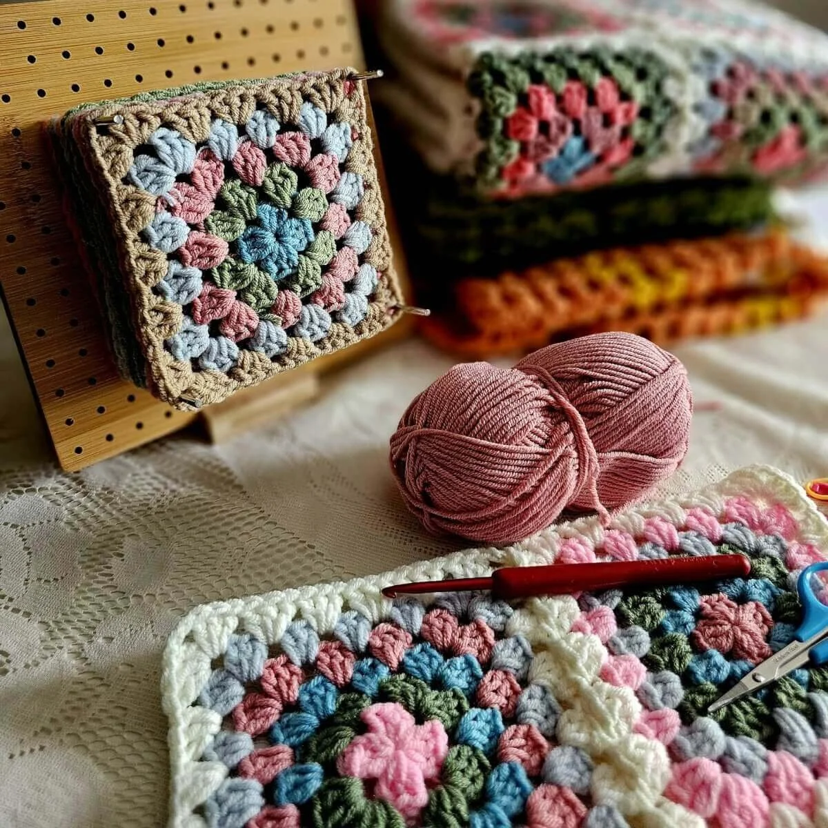 A stack of crocheted granny squares stretched out on a wooden block that is standing upright. The granny squares are blue, green, pink, grey and brown. In the fore front there is a pink skein of yarn, a red crochet ergonomic hook and more squares.