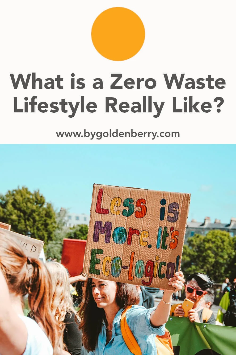 A photo of a group of people at a protest holding card board cut outs with text on. One reads Less is More. It's Eco-Logical. Above is dark grey text on white that reads "What is a Zero Waste Lifestyle Really Like? www.bygoldenberry.com"