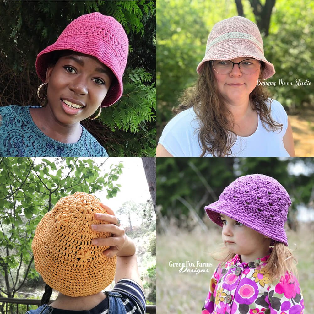 A grid of four people 2 x 2 wearing different coloured and styled crochet bucket hats.