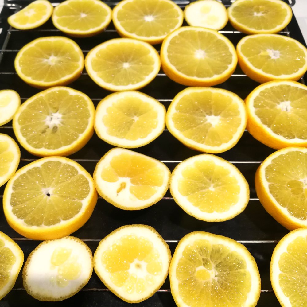 Five rows of 4 or 5 orange slices are sat on a metal oven rack ontop of a black oven tray.