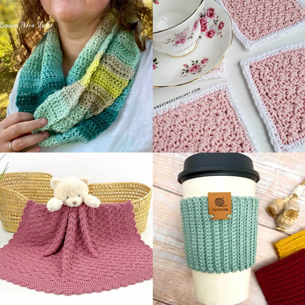 A 2x2 grid of four photos of crochet patterns for beginners. From top left to bottom right; A multicoloured green scarf, pink and white square coasters, a dusty pink baby blanket and a light teal coloured coffee cup cozy.