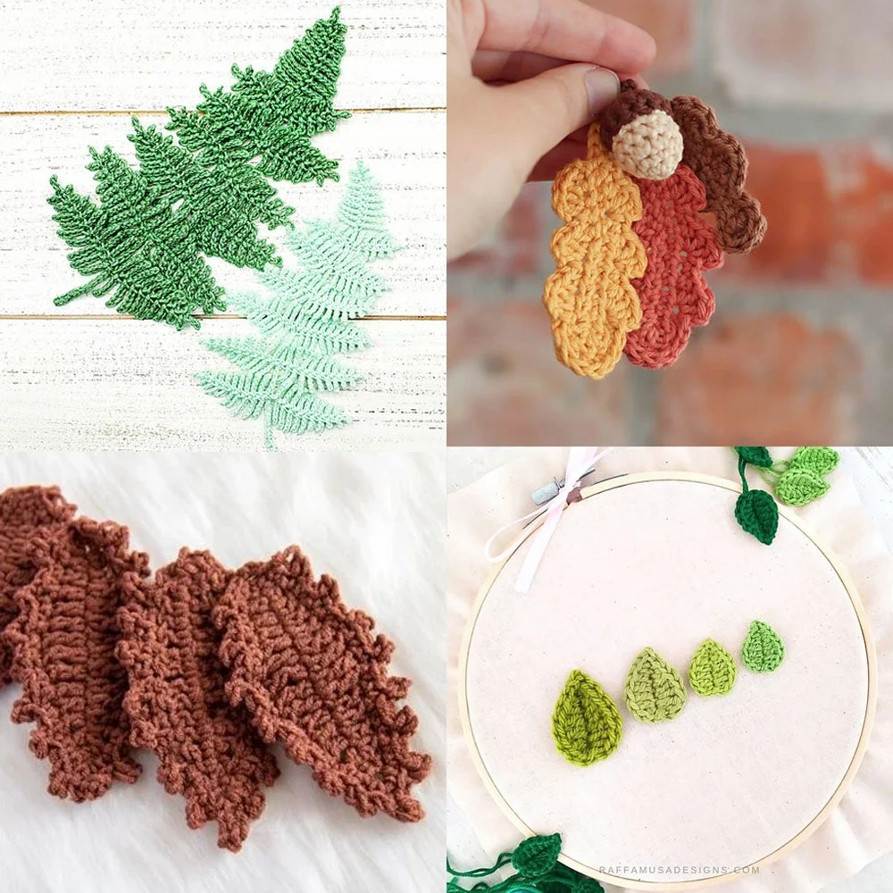 A 2 x 2 grid of images showing 4 leaf crochet patterns from the list. From top left to bottom right; green fern leaves, orange red and brown oak leaves, brown fall leaves and a simple green leaf applique.