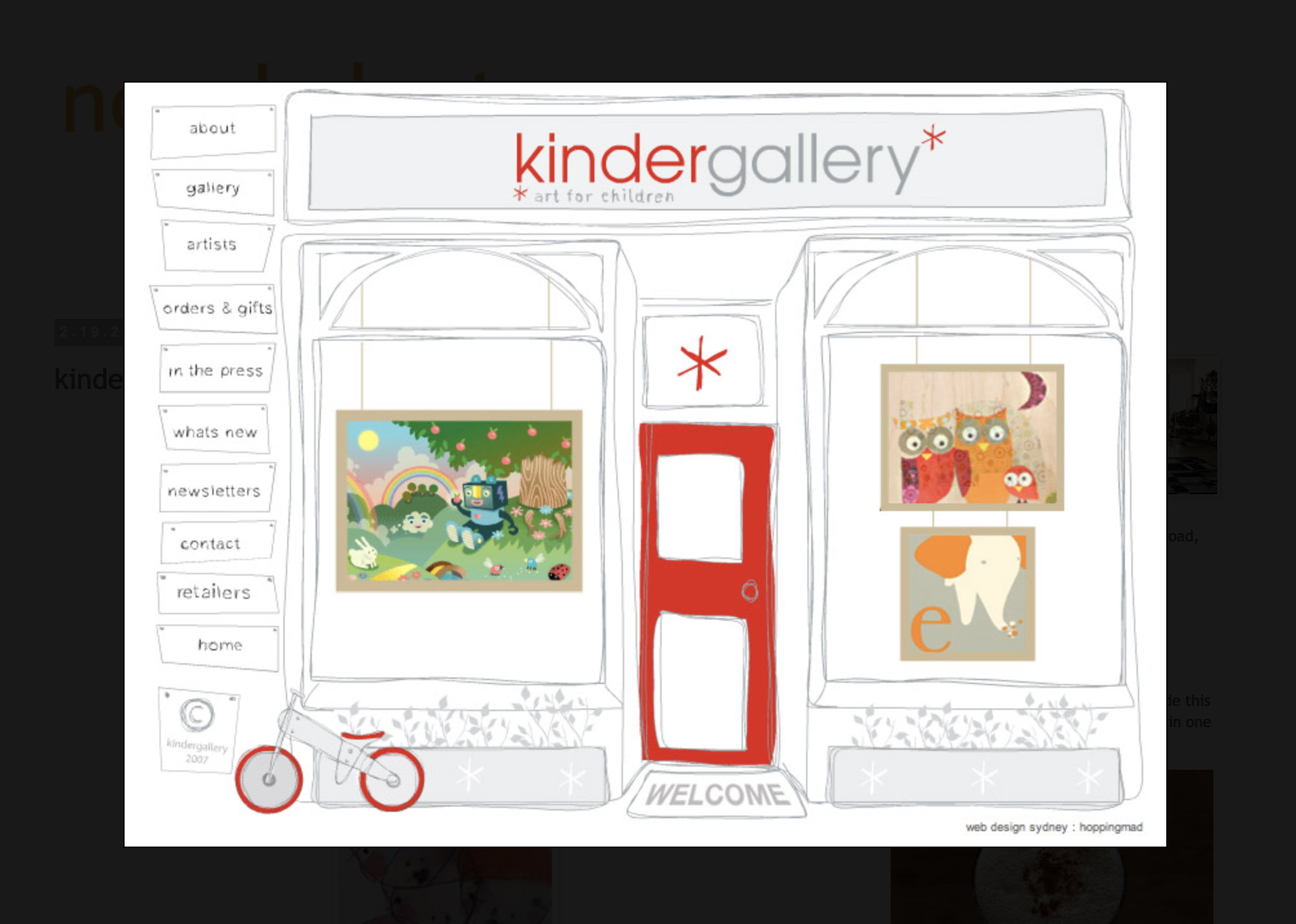 kindergallery website:
- sketches developed into vector graphics for website
- website design
- animation of elements
- management of CMS