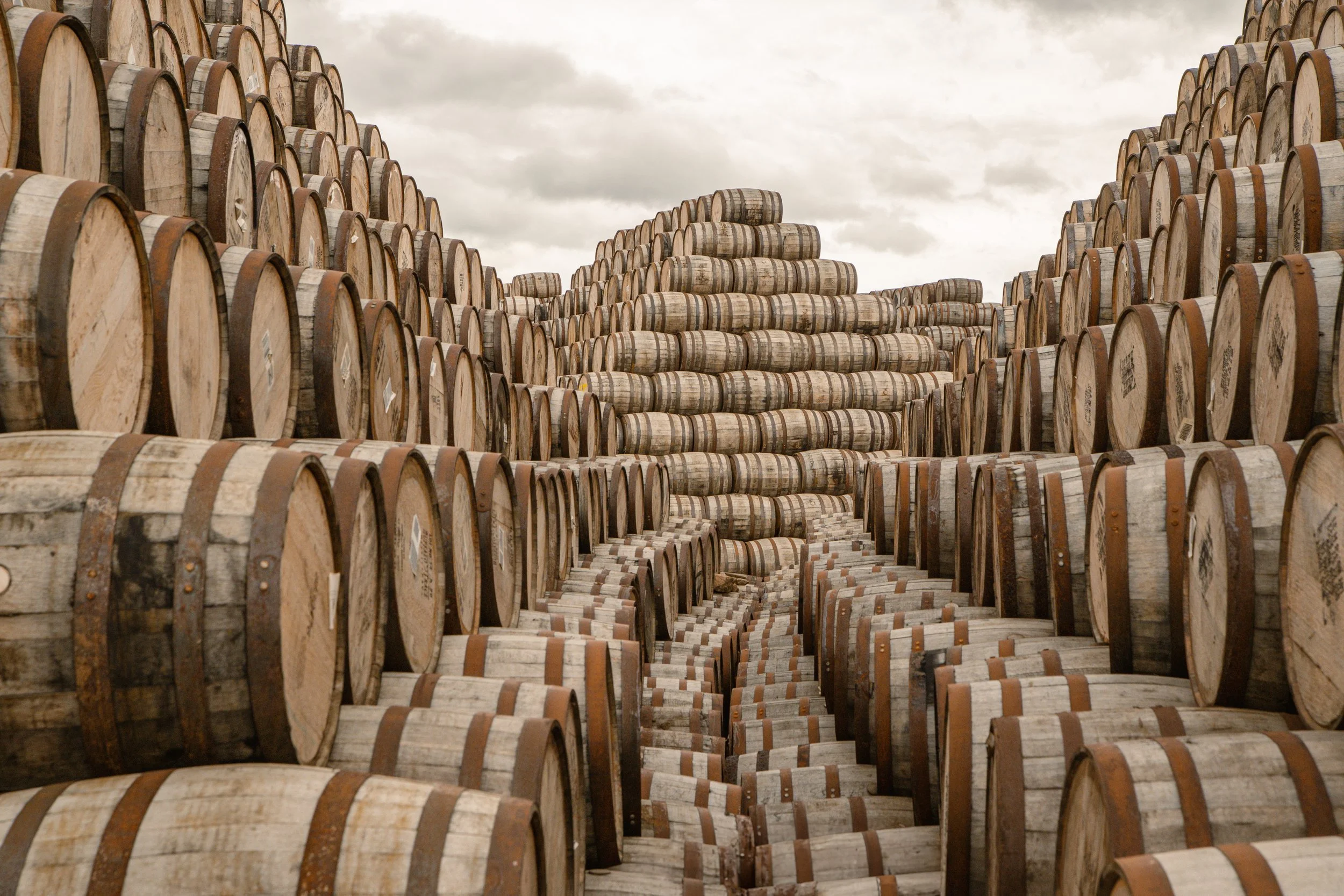 A large outdoor storage area filled with stacked wooden barrels, possibly for aging wine or whiskey, with a cloudy sky overhead.