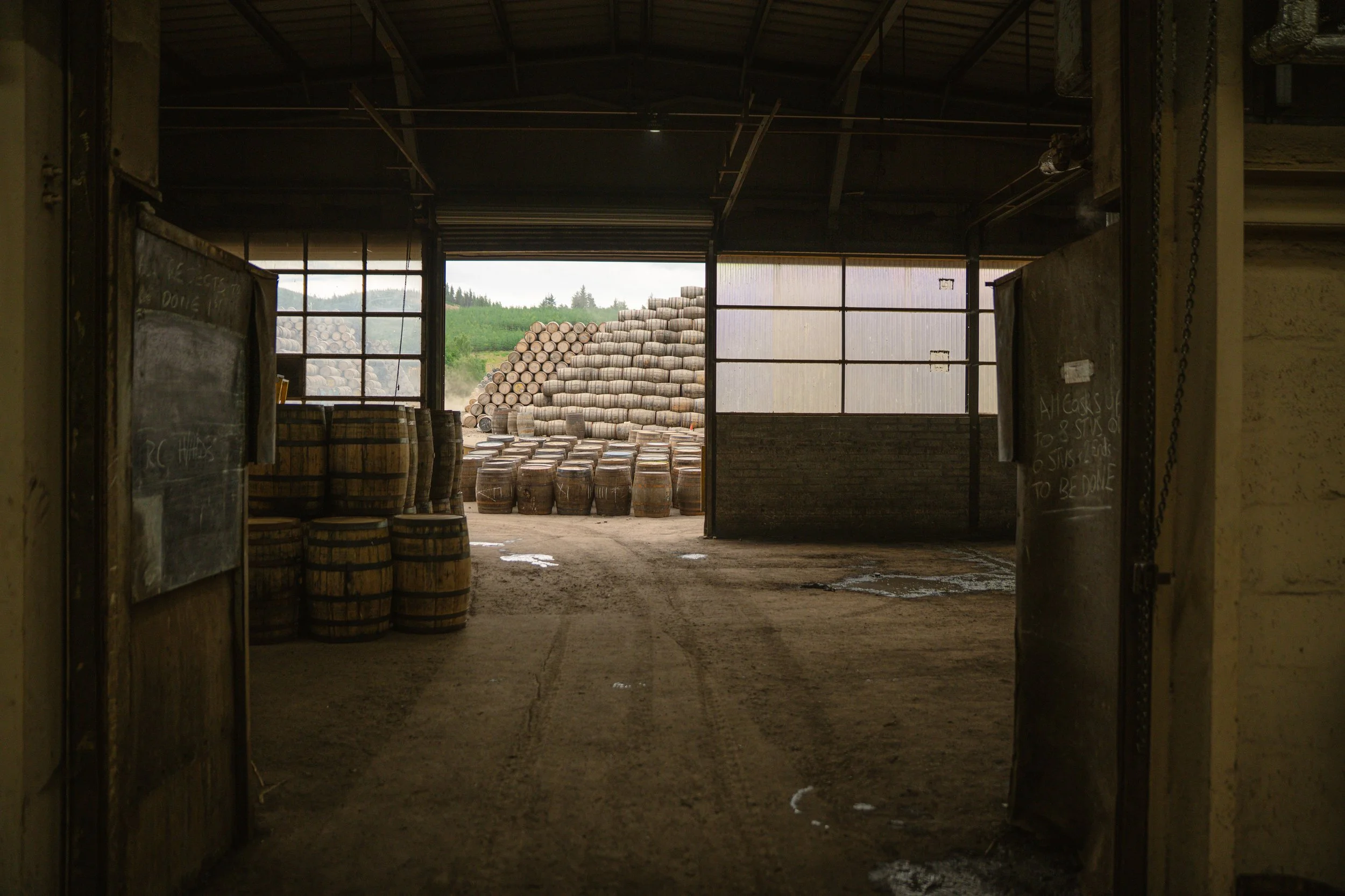 View of a barrel warehouse with barrels stacked outside, seen from inside a warehouse with open doors, dirt floor, and a partially open wall.