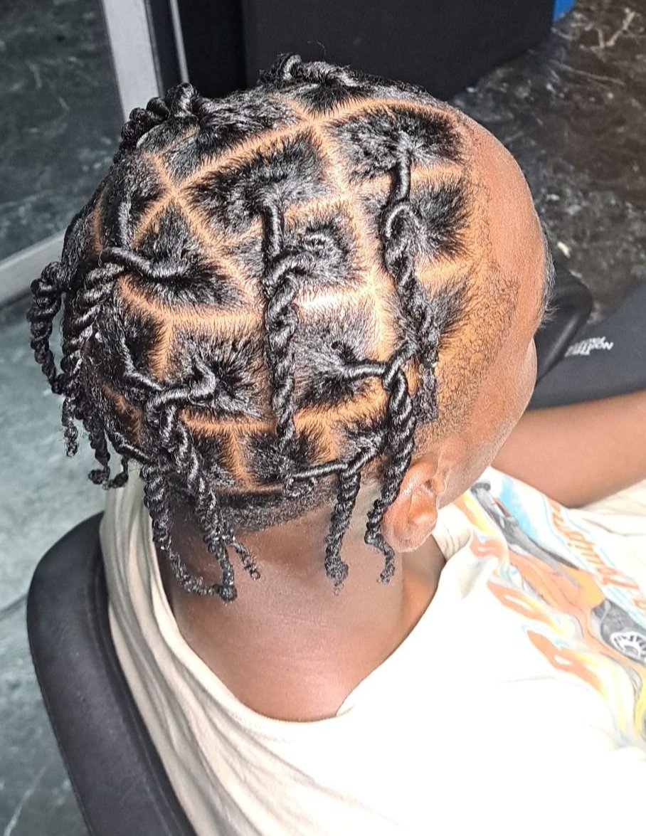 Top view of a person's head with fresh black twisted hairstyle, partially shaved with a design on the sides.