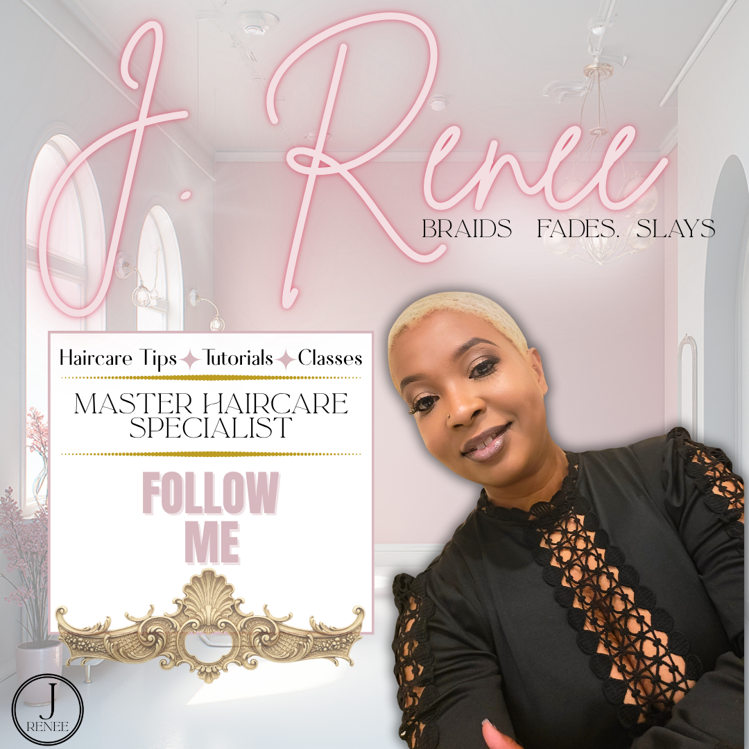 A promotional graphic for J. Rene Braids, showcasing a woman with short blonde hair smiling in a black lace blouse, set against a light pink and white interior background with large windows and a chandelier. The graphic includes text about haircare tips, tutorials, classes, and mentions the master haircare specialist, with an invitation to follow on social media.