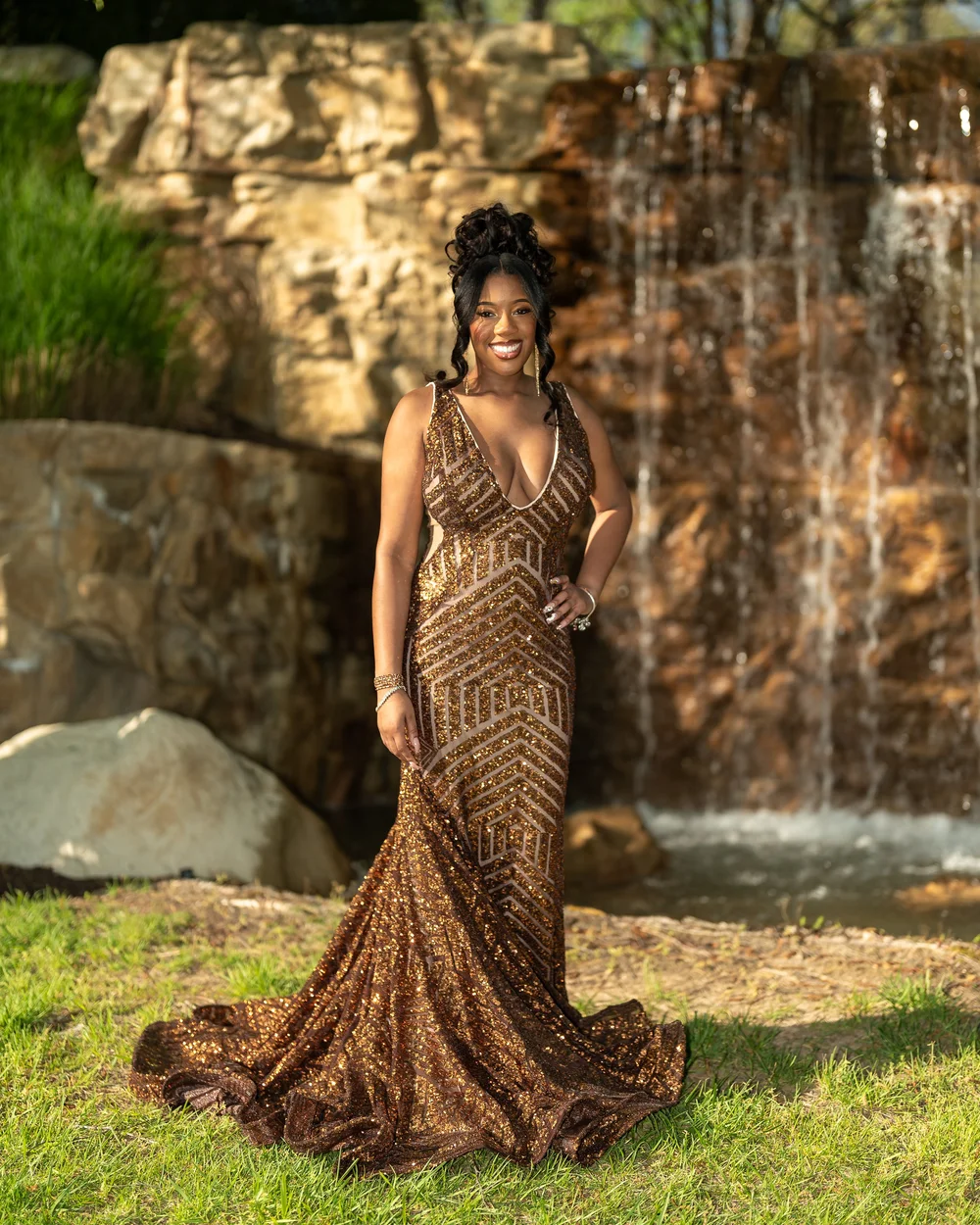 Prom sendoff portrait in a bronze beaded gown