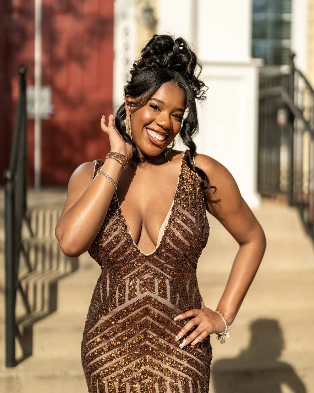 Close portrait in a gold sequin prom gown