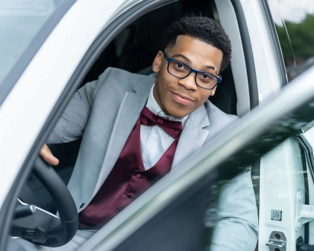 Prom sendoff portrait with a patterned bow tie