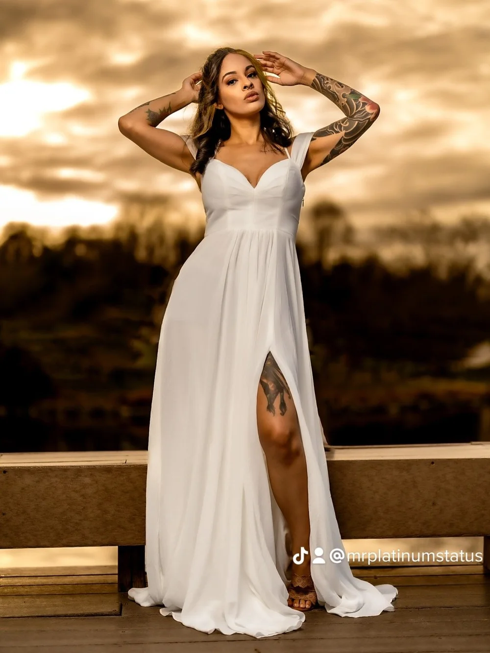 Flowing fabric portrait on location at sunset