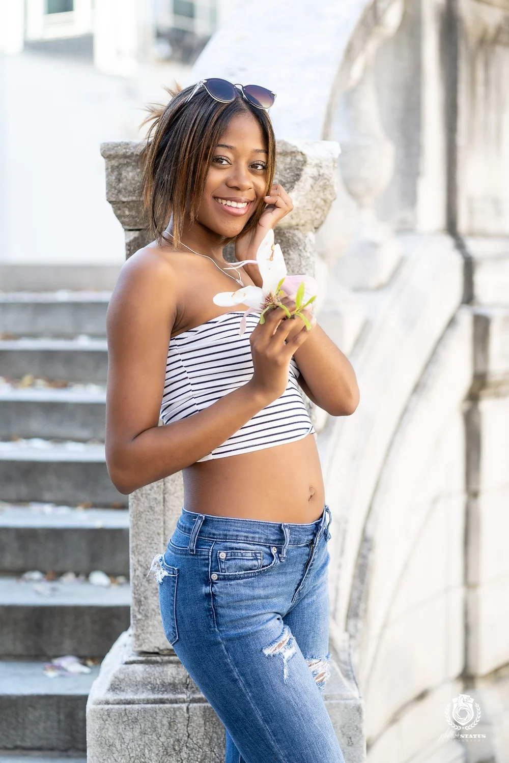 On-location portrait in a patterned top