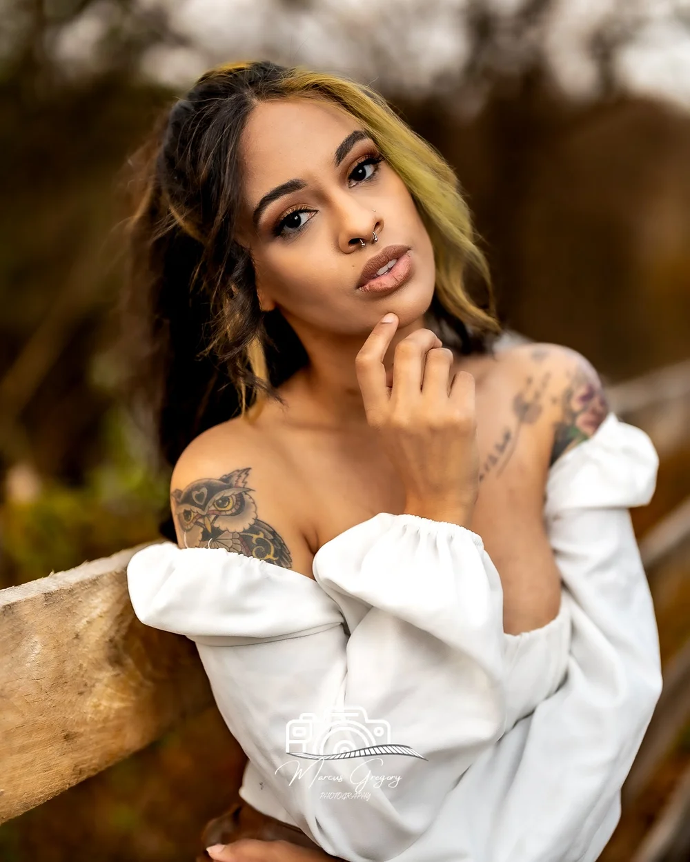 Outdoor portrait in a white off-shoulder top